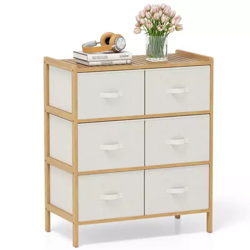 Fabric Dresser w/ 6 Drawers Bamboo Storage Tower w/ 6 Folding Fabric Bins