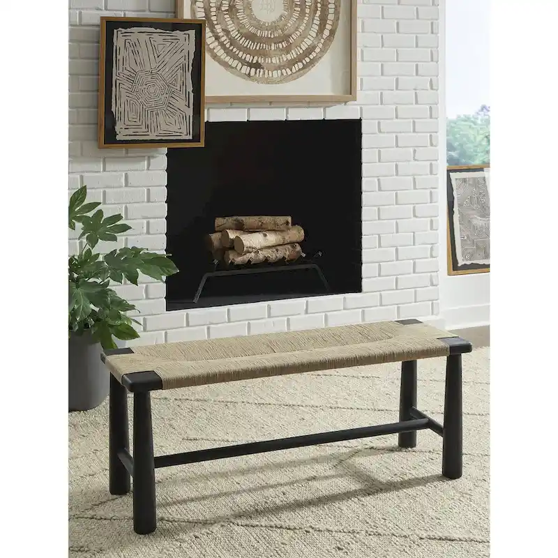 Black Wood Frame Accent Bench with Natural Jute Upholstery - 48.13 W x 16.13 D x 18 H