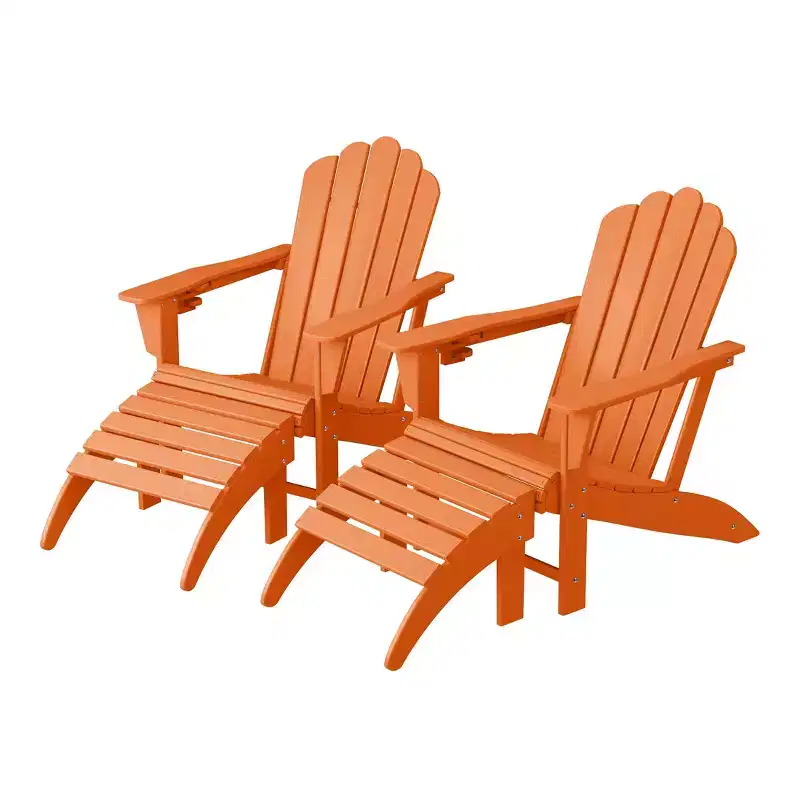 WestinTrends Highland 4-Piece Orange Outdoor Patio HDPE Adirondack Chairs With Ottomans and Cup Holder Set