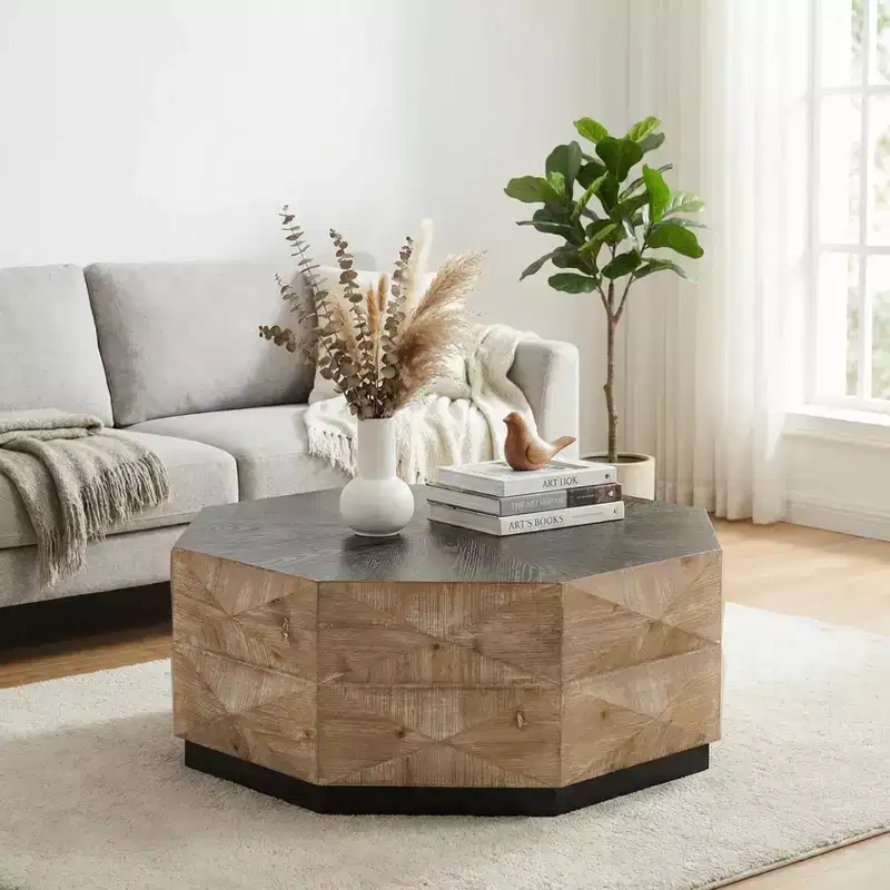 38 Octagon Retro Wood Coffee Table with 3D Embossed Pattern for Living Room