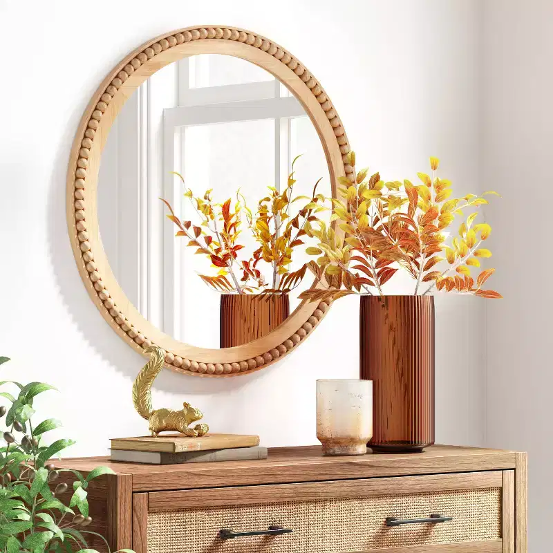 28" Dia Round Wooden Beaded Wall Mirror Natural - Threshold™: Beaded Detail, No Assembly Required