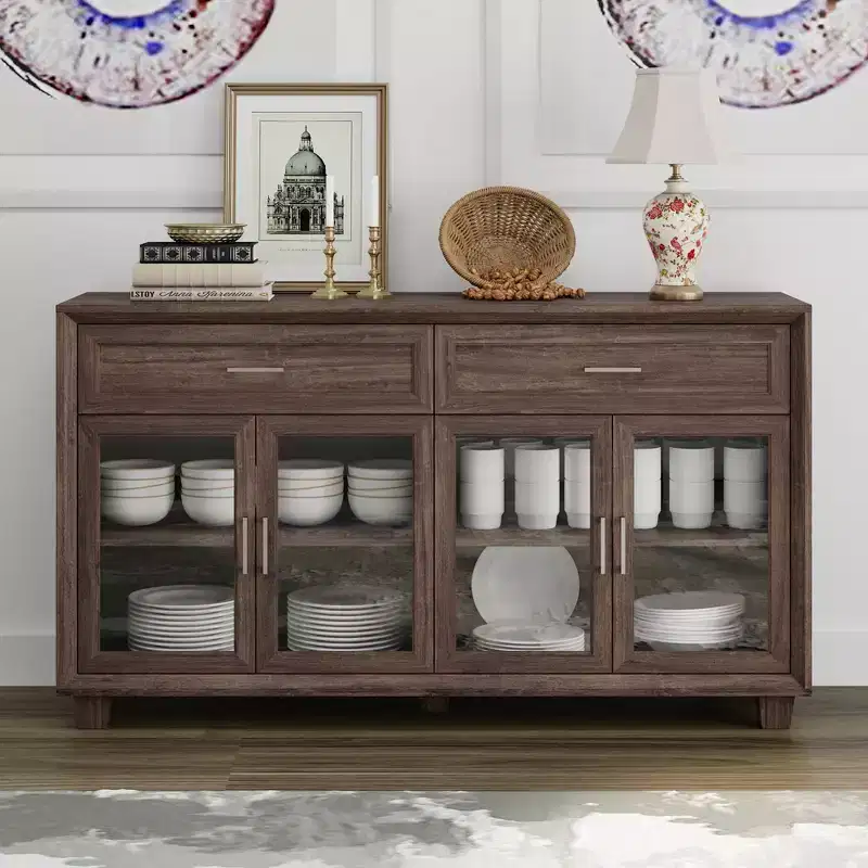 Wood-Grain Buffet Sideboard with Glass Doors & Drawers - Multi-Room Storage for Dining/Living Spaces Storage Cabinet