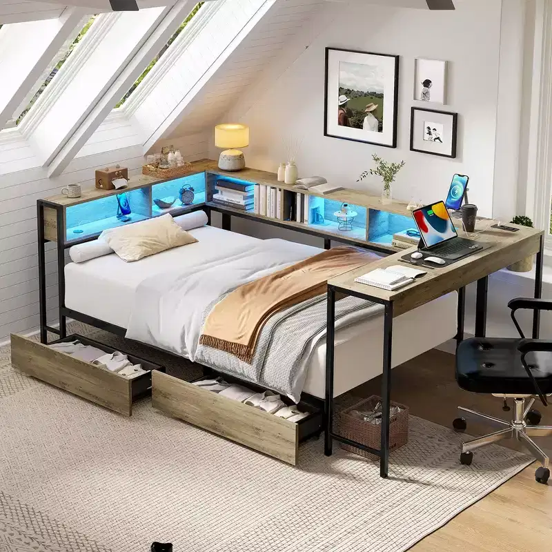 Twin Size Corner Bed Frame with Bookcase and 2 Underbed Storage Drawers, Reversible Daybed, Grey, 46.9x96.9x31.5 in