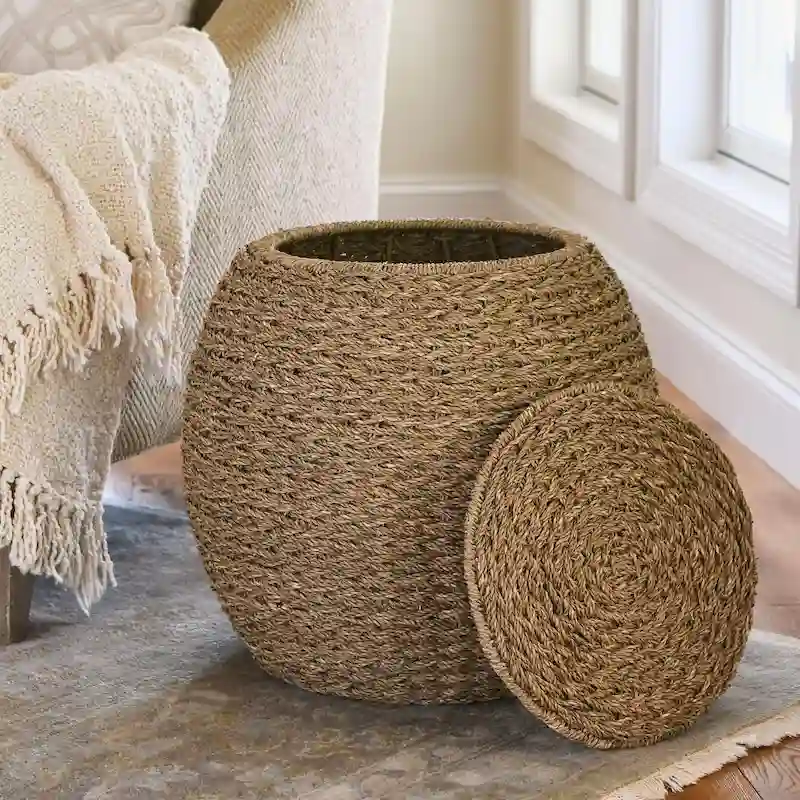 Handwoven Barrel Wicker Storage Basket Side Table - 17.0L x 17.0W x 19.0H