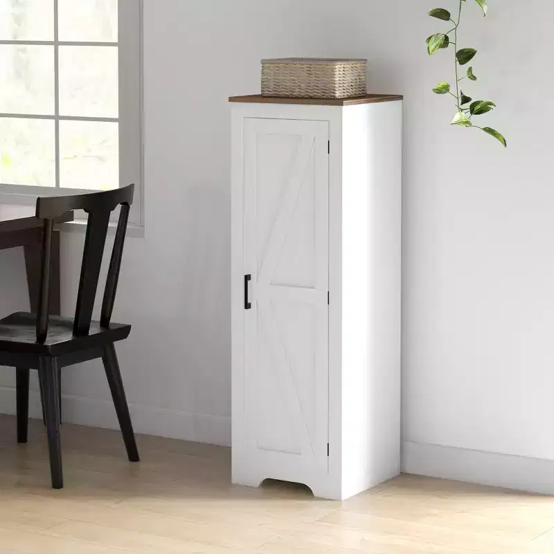 Farmhouse Storage Cabinet with Single Barn Door and Adjustable Shelf, Floor Pantry Cabinet, White