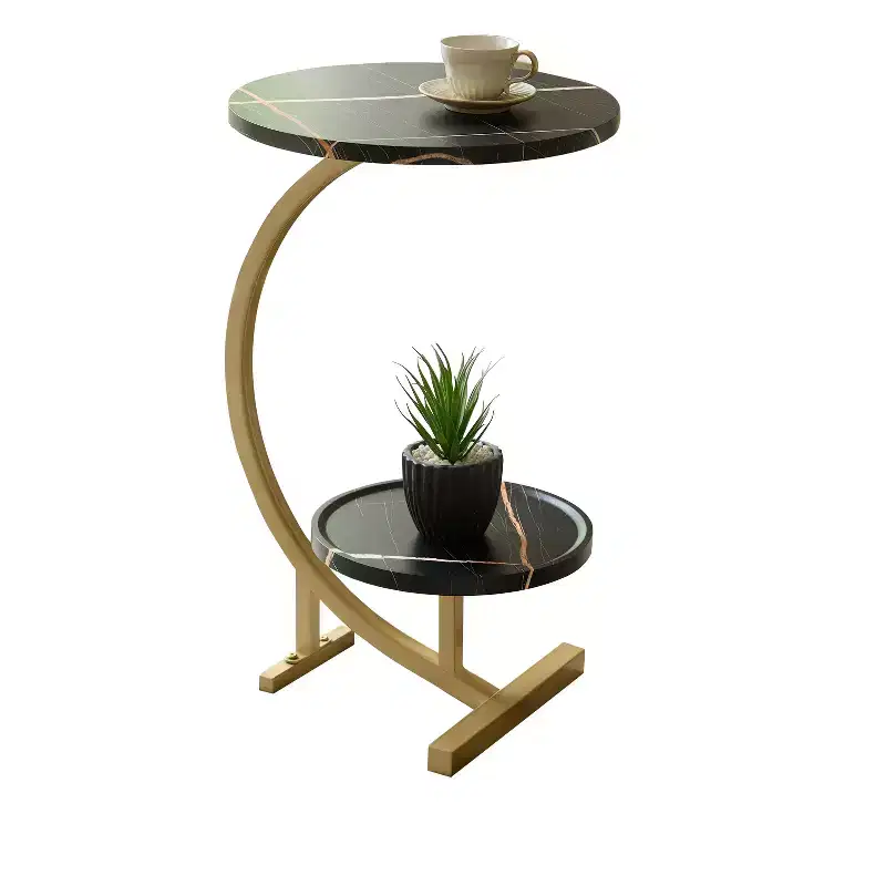 Modern Oval Side Table, Dual Shelf Faux Marble Accent Table, Small End Table for Living Room or Bedroom