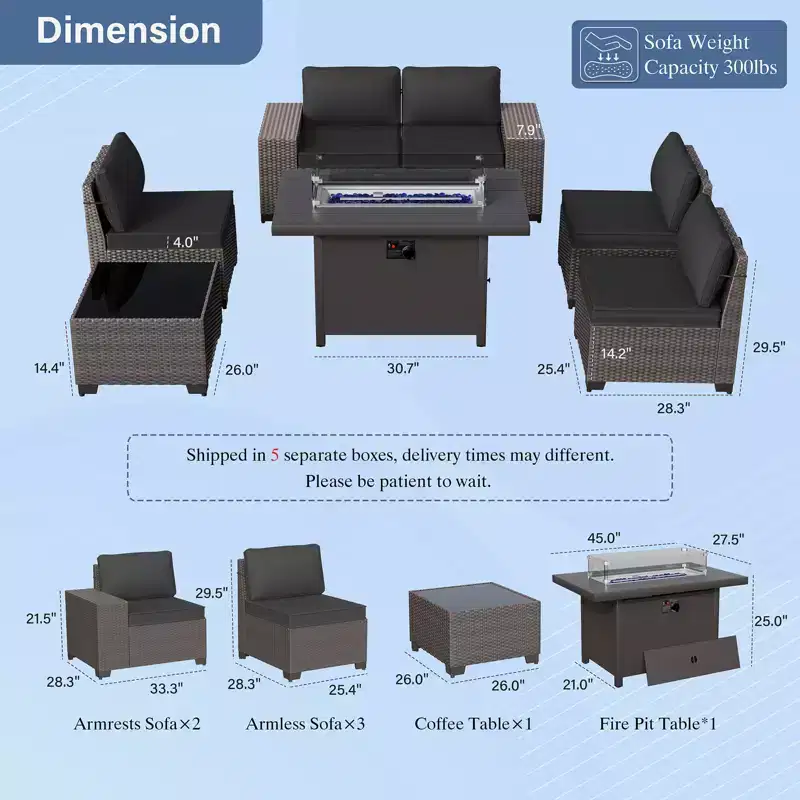 ALAULM 7 Pieces Patio Furniture Set, Rattan Wicker Outdoor Conversation Sets, Furniture Sofa Set w/Metal Propane Fire Pit Table