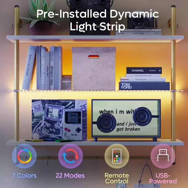 Bestier 41 Floating Shelves with LED Light, 3-Tier Wall-Mounted Wood Shelves with 8 S-Hooks, White Finish & Gold Frame