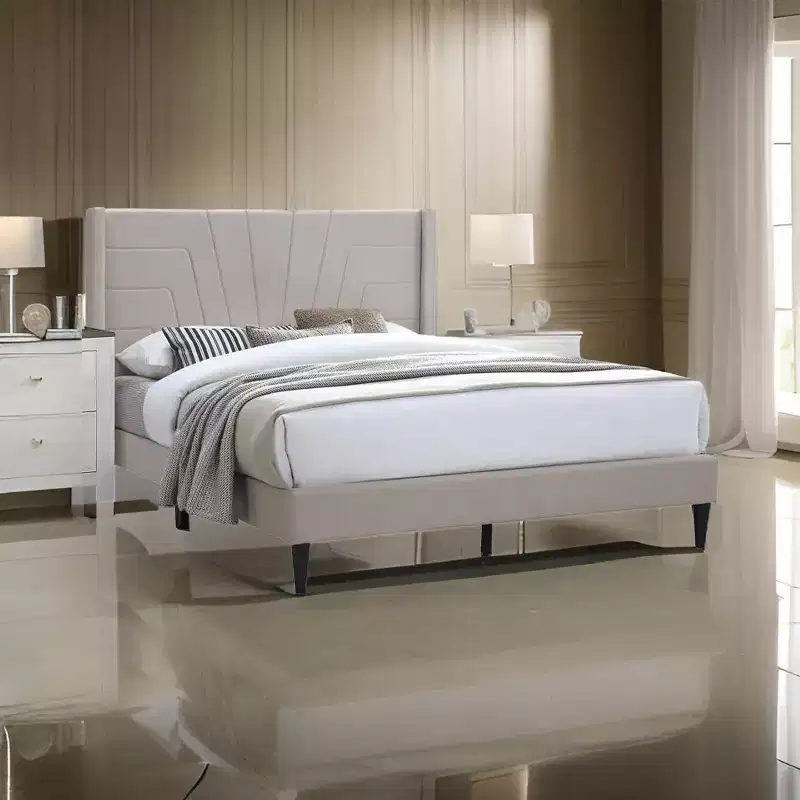 Queen Size Bed with Tufted Headboard, Brown Burlap Upholstery, Wood