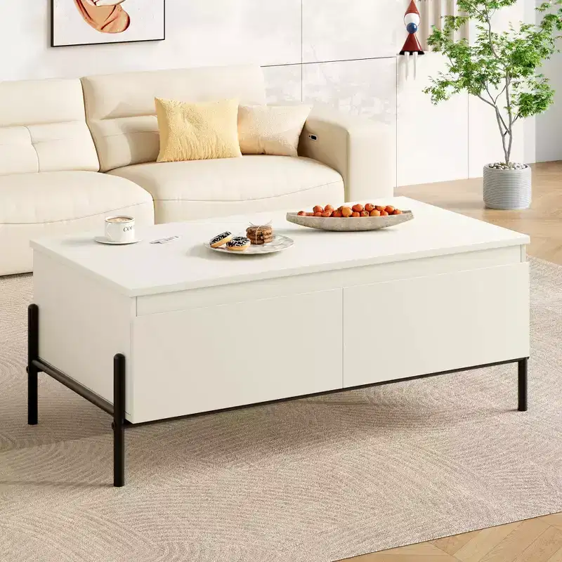 Coffee Table with 2 Handle-Free Drawers and Open Shelf, White