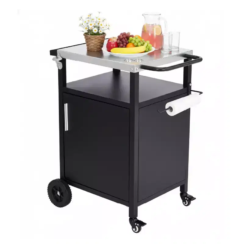 Outdoor Grill Table Cart with Cabinet, Stainless Steel Movable Kitchen Island with Large Storage Cabinet, Multifunction Food Prep Table