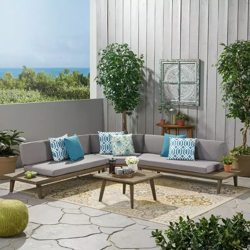 Christopher Knight Home Adelia Outdoor V-Shape Acacia Wood 5 Seater Sectional Sofa Set with Cushions