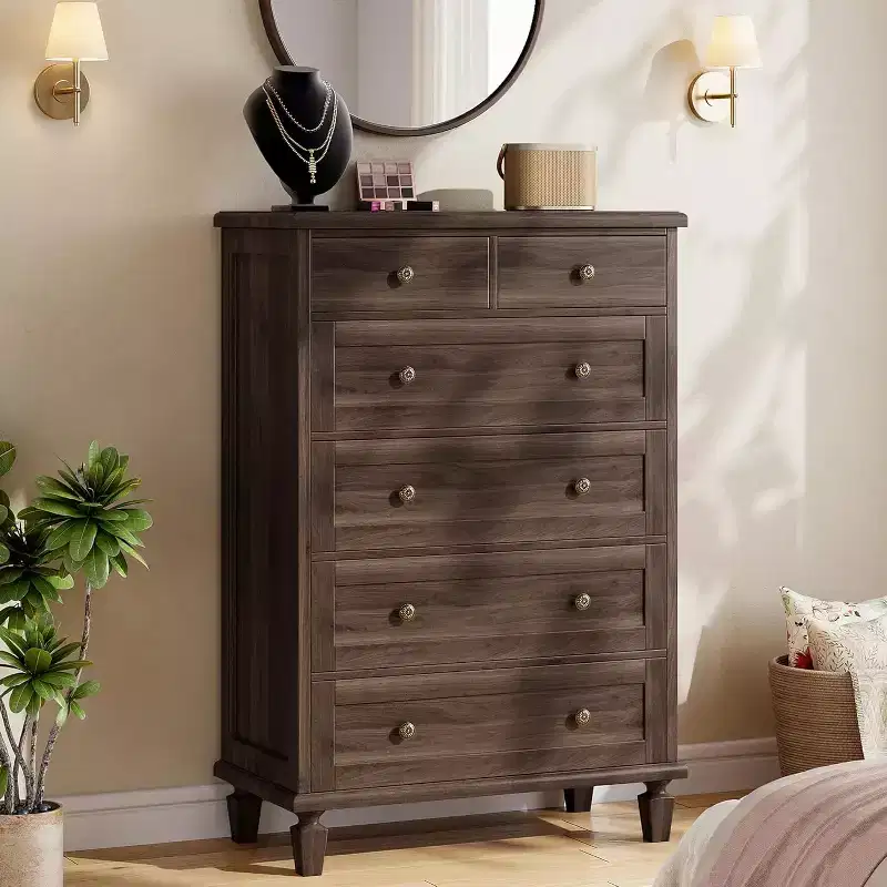 Wood 6-Drawer Dresser with Tapered Legs — Distressed Finish
