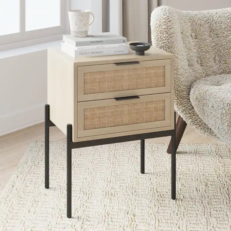Rattan End Side Table Storage Doors Gold Accents