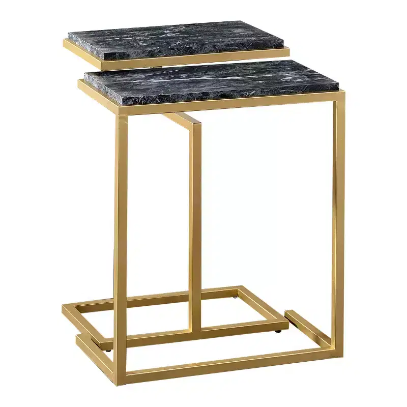 24/7 Shop At Home Kircubbin Nesting Table with Faux Marble Top Gold/Black: Rectangle, Glossy Finish, Metal Frame