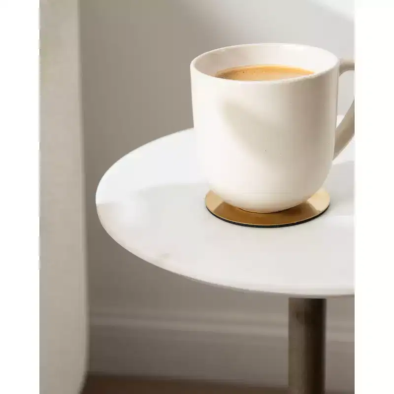 Marble and Metal Round Side Table, White and Bronze, 12x12x24
