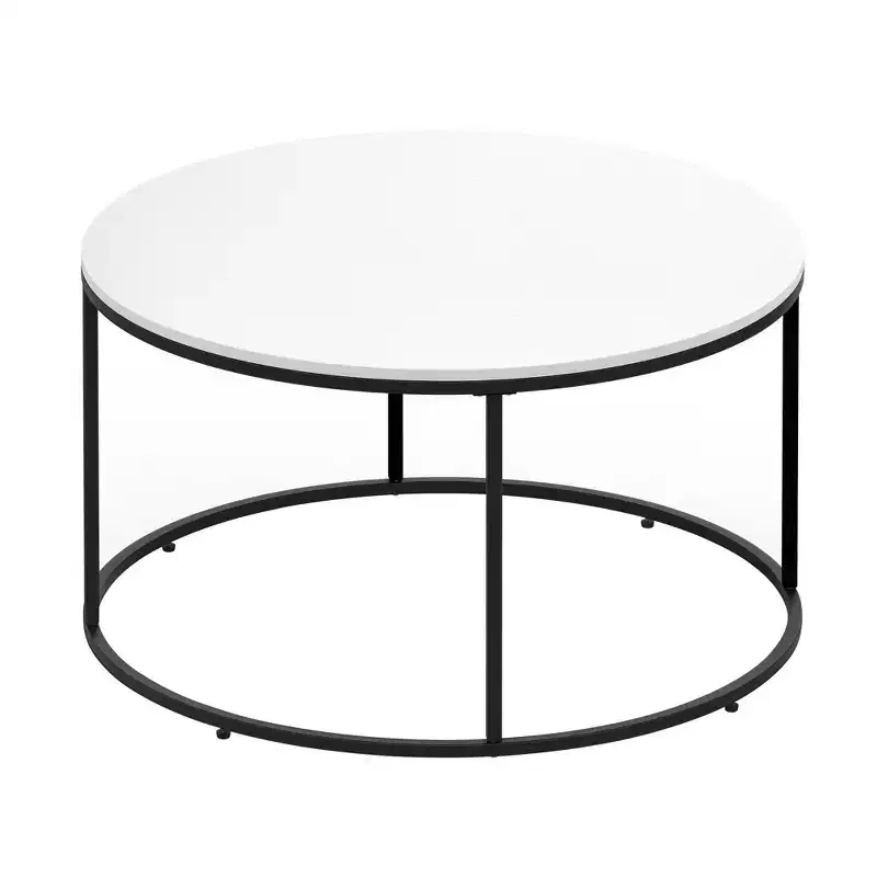 Modern Round Coffee Table with Black Metal Frame, White, 31.5