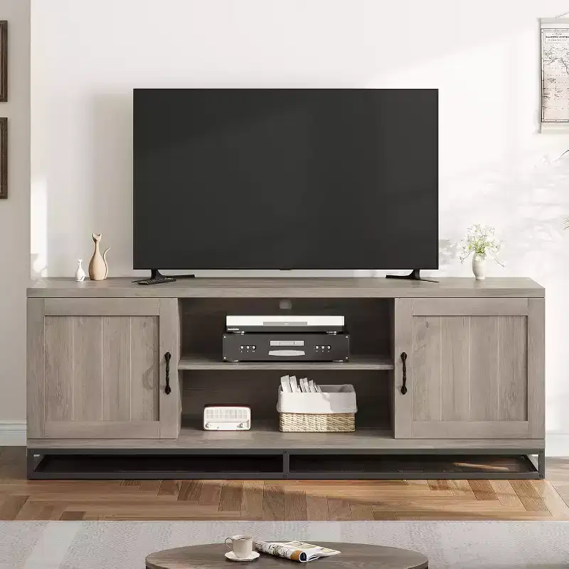 Farmhouse Industrial TV Stand with Gray Wood Finish, Media Console Table with Open Shelves & Storage Cabinets, Entertainment Center