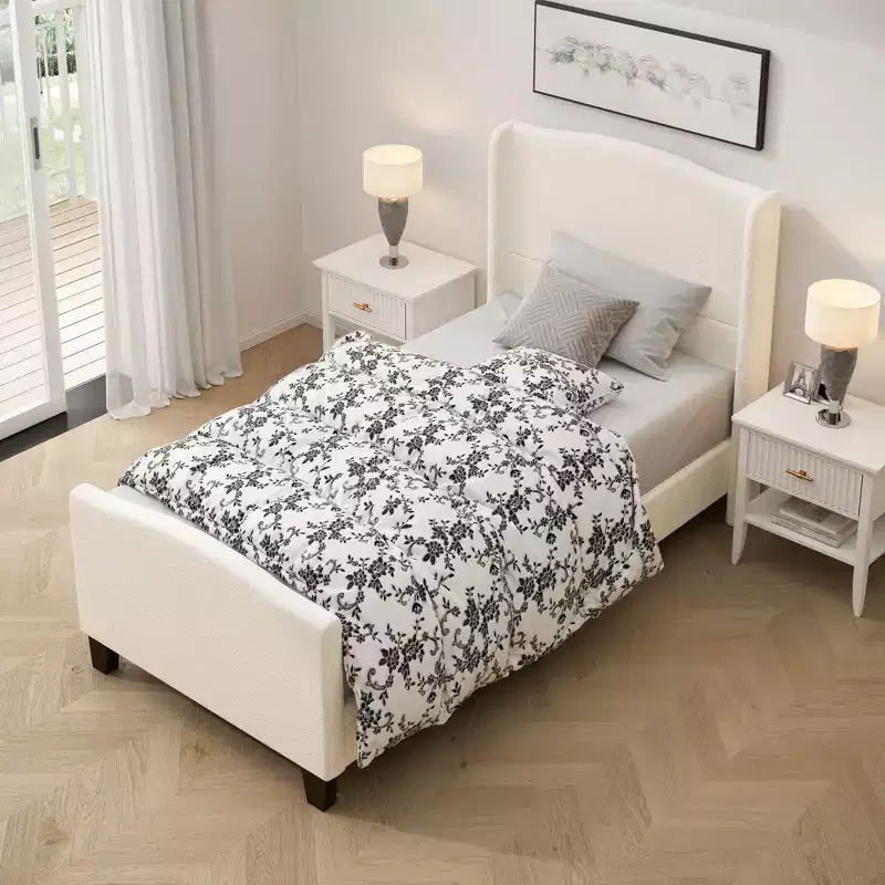 All Size Wooden High Back Platform Bed Frame with Teddy Upholstered Headboard,Modern Soft Bed No Box Spring Needed