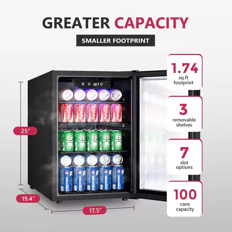 Simzlife 2.6 cu. ft./100 Cans Beverage Refrigerator, Mini Cooler with Blue LED, Digital Control, Air Cooled Frost Free, Black