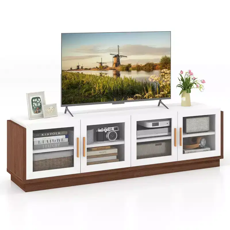 Costway Large TV Stand for TVs up to 75 Console Table w/ 4 Tempered Glass Doors