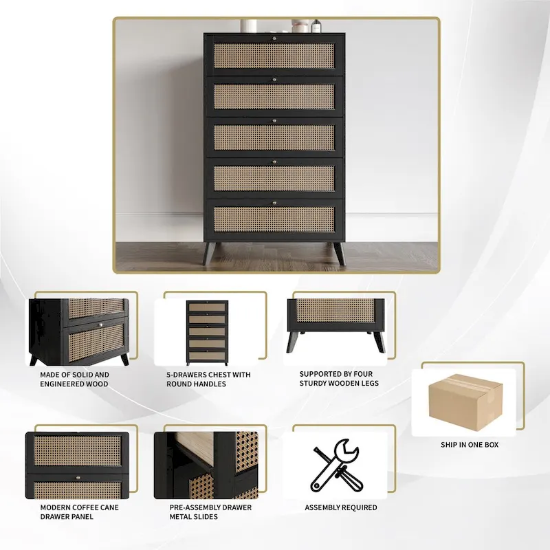 5-Drawer Chest with Cane Panel Drawers – Black, Solid & Engineered Wood, 4 Wood Legs, Single