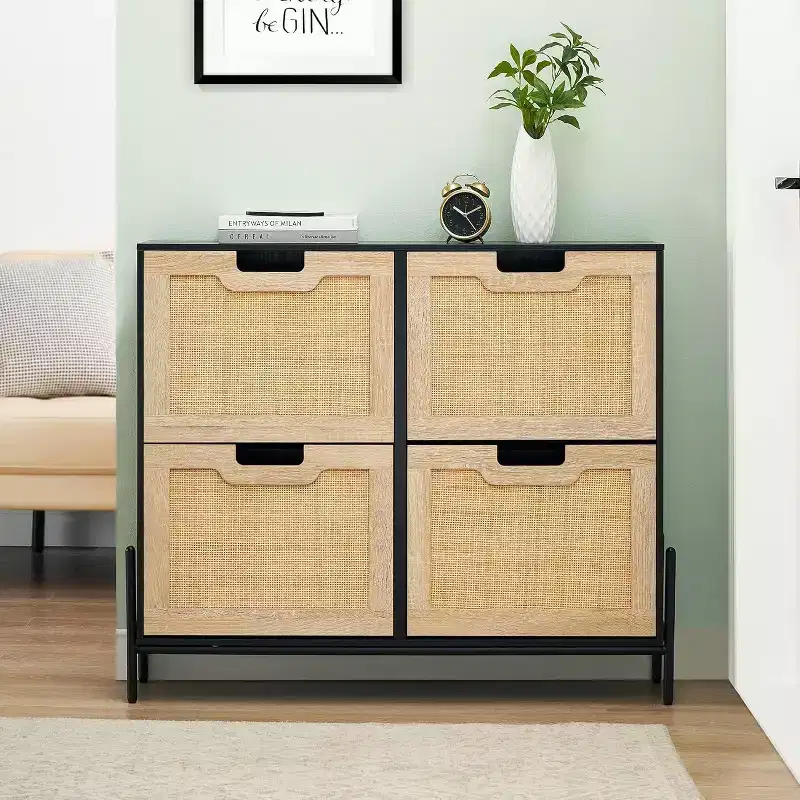 4-Door Freestanding Rattan Shoe Cabinet Organizer with Adjustable Shelves