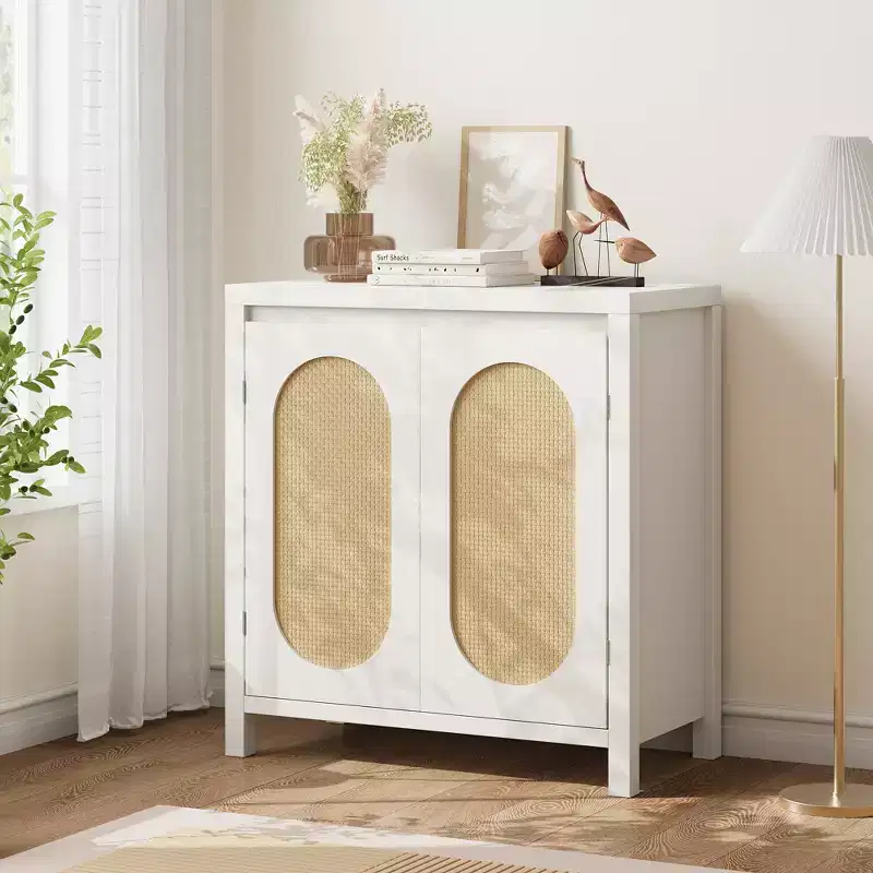 30 Mid Century Sideboard Buffet - Retro Storage Cabinet with Rattan Doors & Adjustable Shelves, Boho Chic Accent Console for Living Room