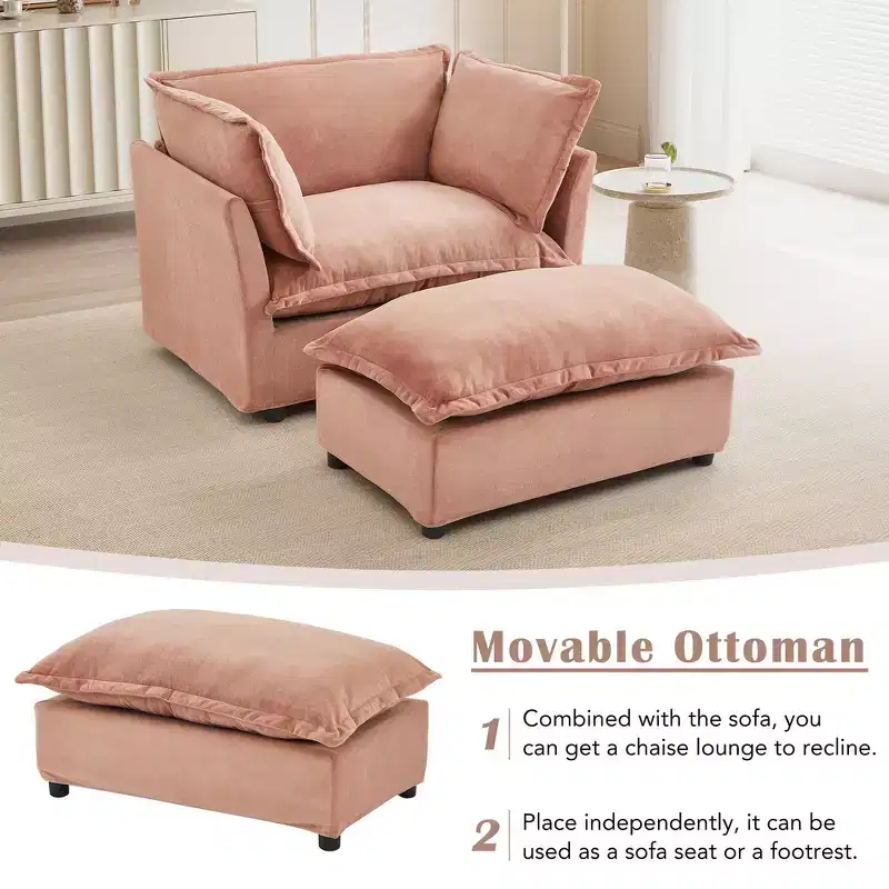 Chenille Armchair with Movable Ottoman, Wide Seat & Curved Armrests