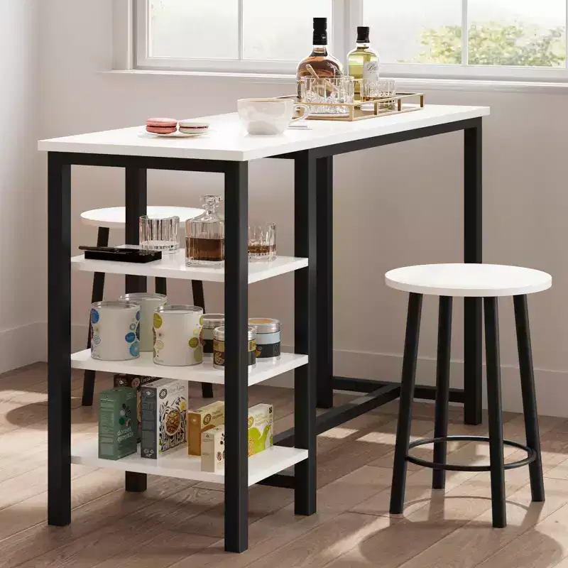 3-Piece Bar Table & Chairs Set with 2 Stools & 3-Tier Storage Shelves, Space-Saving Kitchen Counter Table for Home/Kitchen