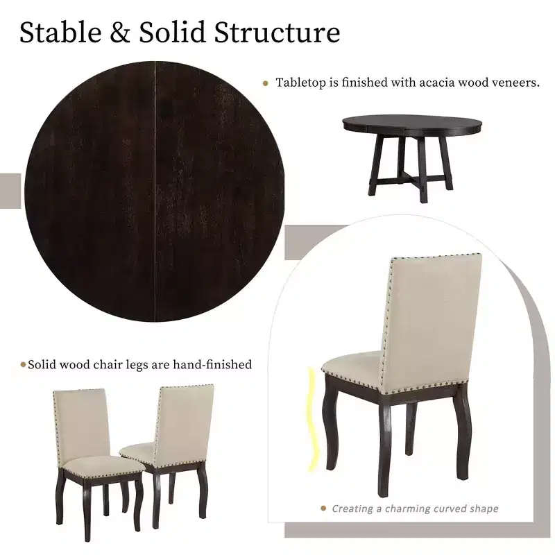Whisen 5-Piece Farmhouse Dining Table Set with Extendable Dining Table and 4 Upholstered Dining Chairs