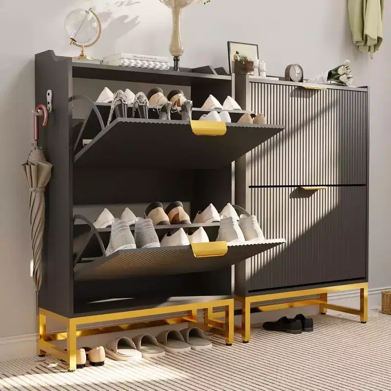 Acekool Fluted Shoe Cabinet, Wave Pattern 2 Flip Drawer Slim Organizer with Gold Handles, Entryway Storage Rack