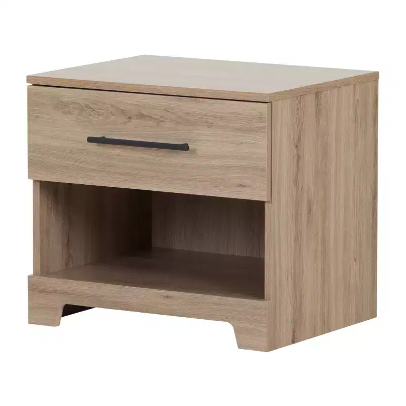 Drawer Nightstand Rustic Oak - Metal Handle, Open Shelf Storage