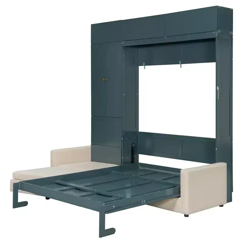 Queen Murphy Wall Bed with Beige Sofa and Shelves, Green Panel