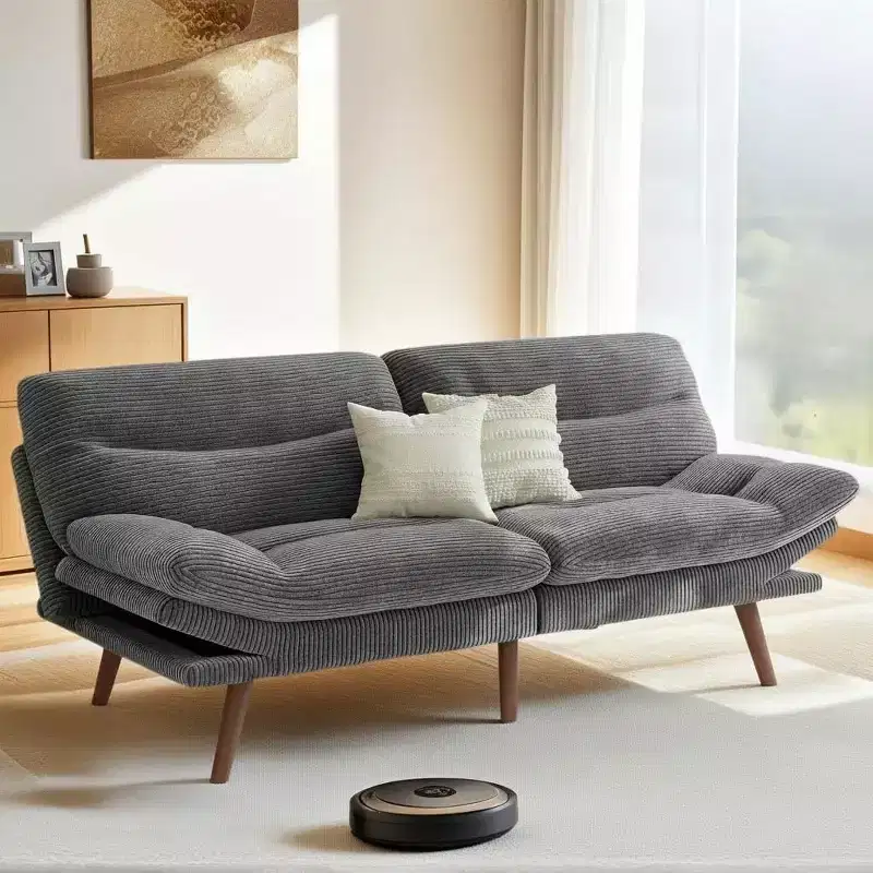 66 In Corduroy Futon Couch Convertible with Adjustable Backrest and Armrests, for Small Spaces Living Room, Apartment, Guest Room or Office, Grey