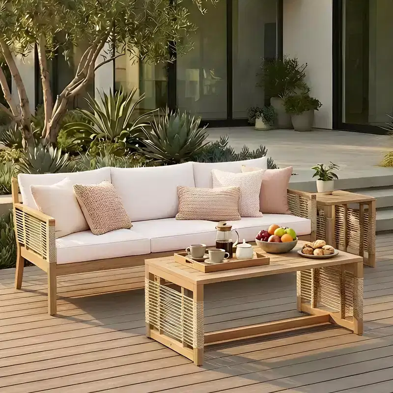 ModernLuxe Outdoor Conversation Sofa Set, Patio Acacia Wood Furniture Set, 3-Seater Sofa & Club Chairs with 2 Coffee Tables, Teak