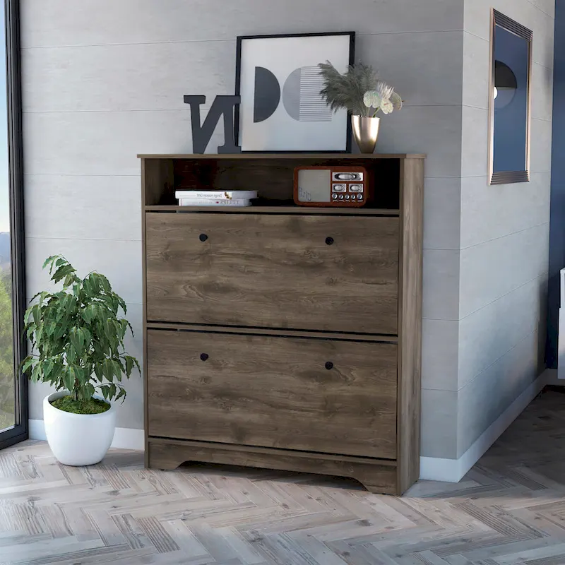 Shoe Rack with Open Shelf and Two Extendable Cabinets