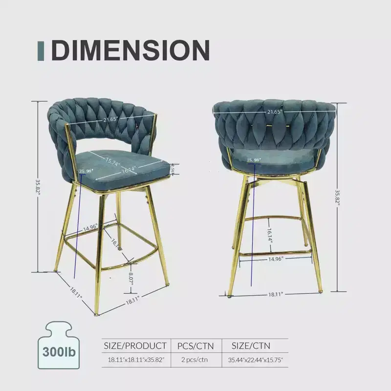 Okak 26 Inch Suede Woven Bar Stools Set of 2, 360 Swivel Arm Chairs with Footrest, Adjustable Kitchen Island Chairs for Kitchen Island, Home Bar