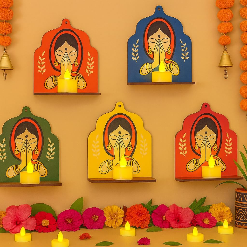Premium Handcrafted Wooden Wall Diya Holder ¨C Traditional Indian Namaste Lady Design Wall Shelf for Diwali Decor,Tealight Candle Holder () Wall Shelf