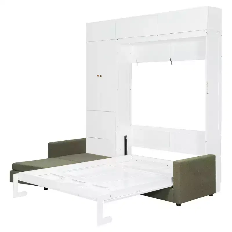 Queen Murphy Wall Bed with Beige Sofa and Shelves, Green Panel