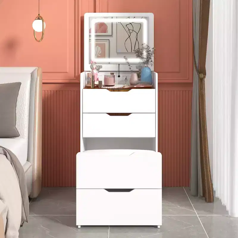 Famapy White Foldable Vanity Table with Storage One-Piece Design Top Jewelry Storage