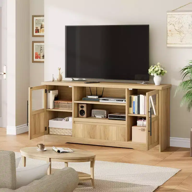 63 TV Stand for 75 Inch TVs with Glass Cabinets & Open Shelves, Farmhouse Modern Media Console with Cable Management for Living Room