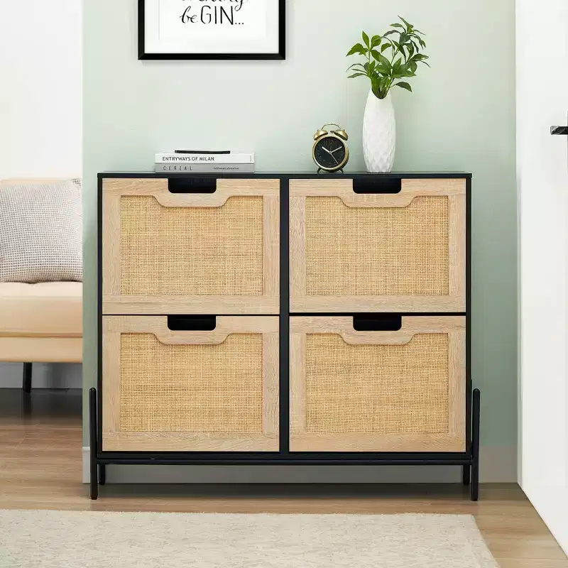 4-Drawer Shoe Storage Cabinet  Farmhouse Rattan Organizer with Metal Legs for Entryway/Closet