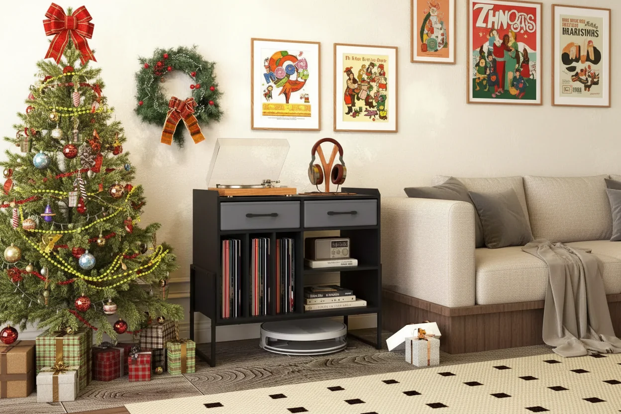 Large Record Player Stand with Charging Station, 2 Fabric Drawers, Adjustable Shelf Rustic Brown & Gray/Black/White