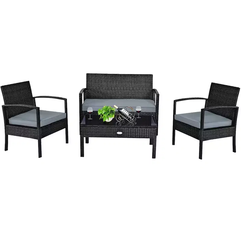 Costway 4PCS Patio Rattan Wicker Furniture Set Loveseat Sofa Cushioned Garden Yard Brown/Grey