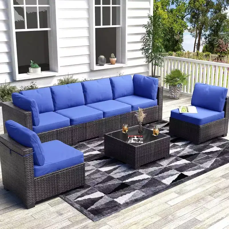 7Pcs PE Rattan Patio Conversation Set with Sectional Sofa & Coffee Table, Outdoor Furniture for Garden, Poolside, and Backyard