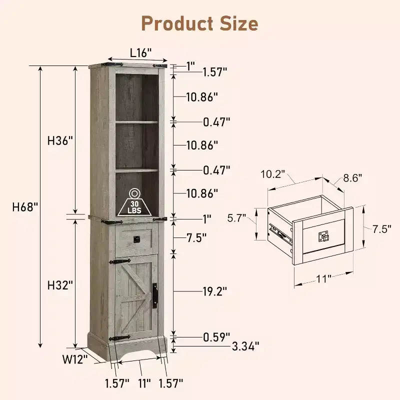 Bathroom Storage Cabinet, Farmhouse Style with Adjustable Shelves & Drawer