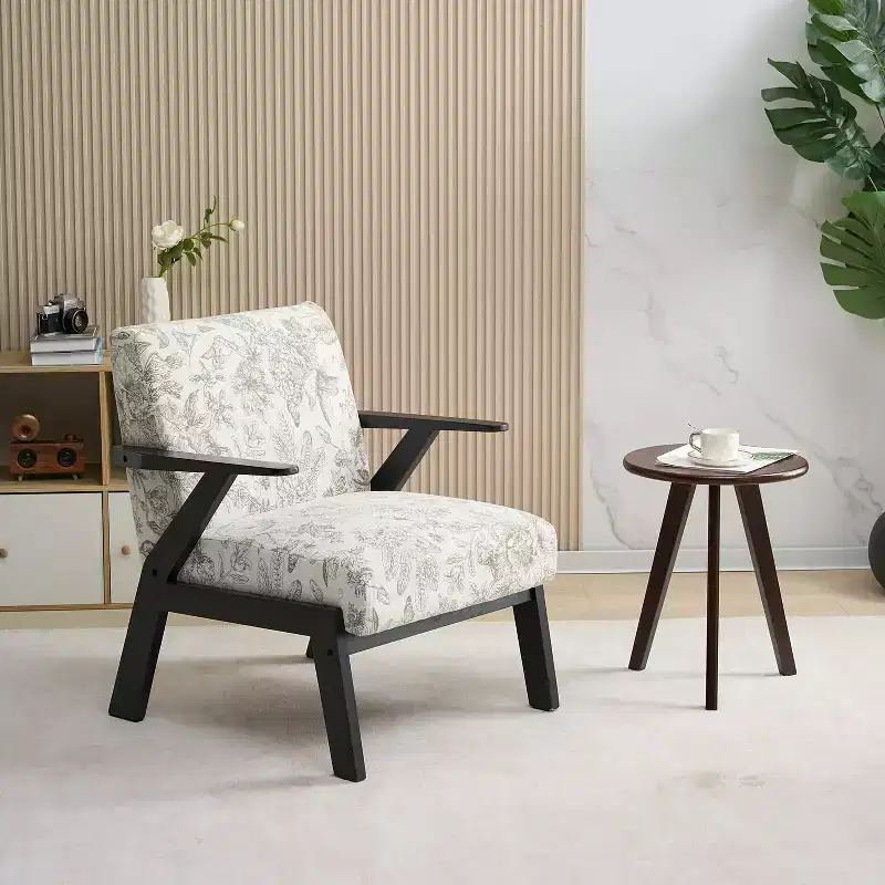 Mid-Century Modern Rubberwood Upholstered Armchair