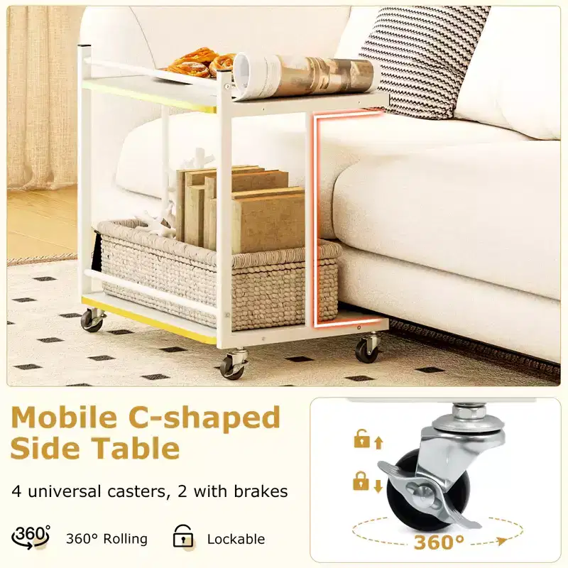 Costway 2PCS Mobile Side Table w/Open Shelves Golden Trimmed Edges Lockable Wheels