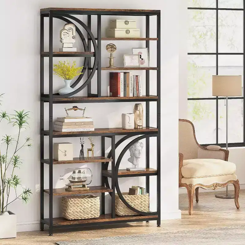 Lantine 77-Inch Bookshelf, Industrial 8-Tier Etagere Bookcase with Metal Frame, Tall Open Display Shelves for Home Office, Brown/Black
